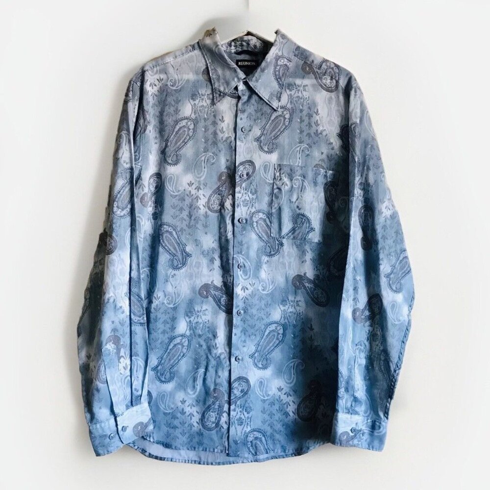 Vintage Reunion Blue Paisley Print Long Sleeve Button Up‎ Shirt Size Large